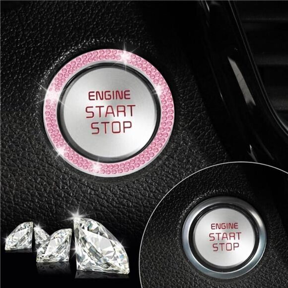 Car Start Button Bling Rhinestone Diamond Engine Button Ring 2-Pack Double Pink - Picture 6 of 7